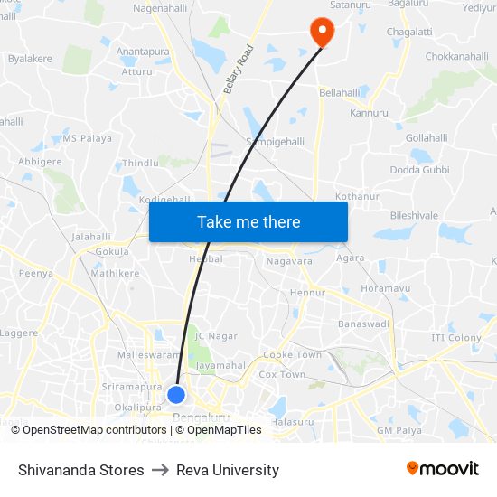 Shivananda Stores to Reva University map