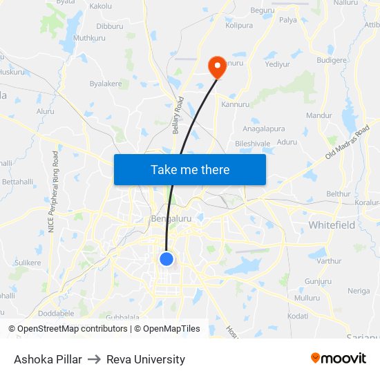 Ashoka Pillar to Reva University map