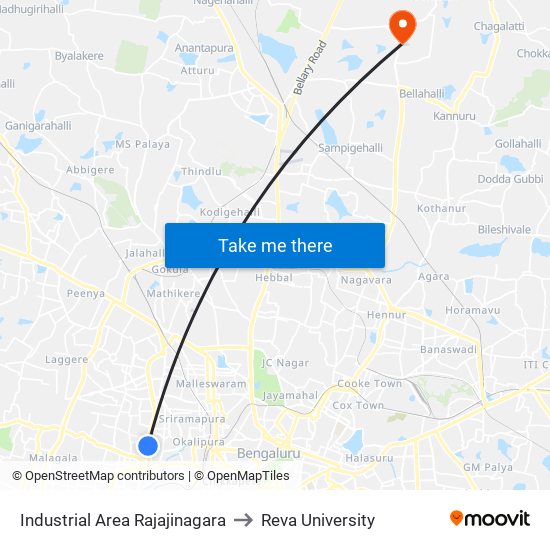 Industrial Area Rajajinagara to Reva University map