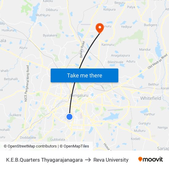 K.E.B.Quarters Thyagarajanagara to Reva University map