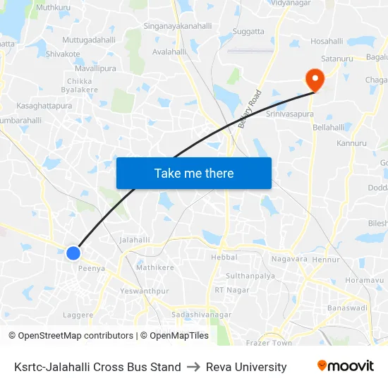 Ksrtc-Jalahalli Cross Bus Stand to Reva University map