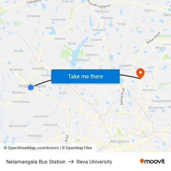 Nelamangala Bus Station to Reva University map