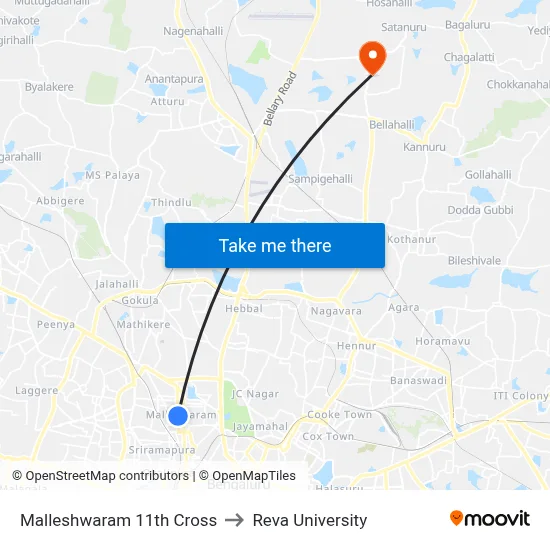 Malleshwaram 11th Cross to Reva University map