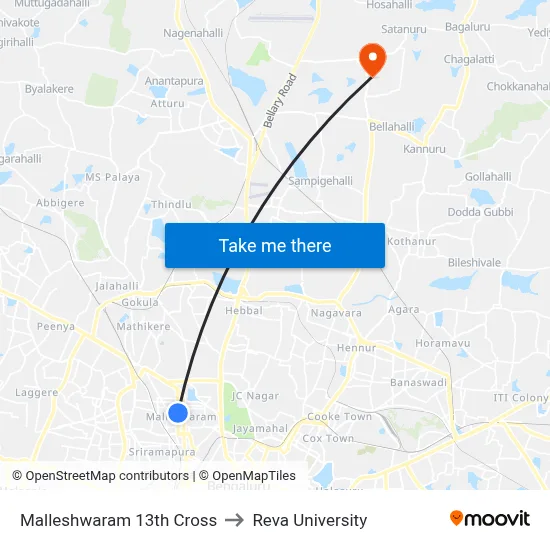 Malleshwaram 13th Cross to Reva University map