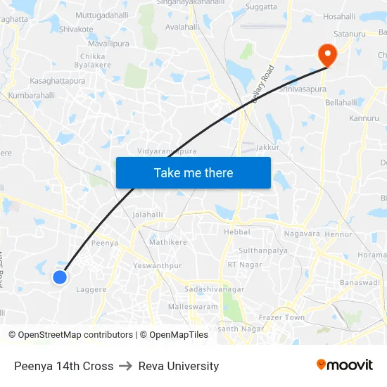 Peenya 14th Cross to Reva University map