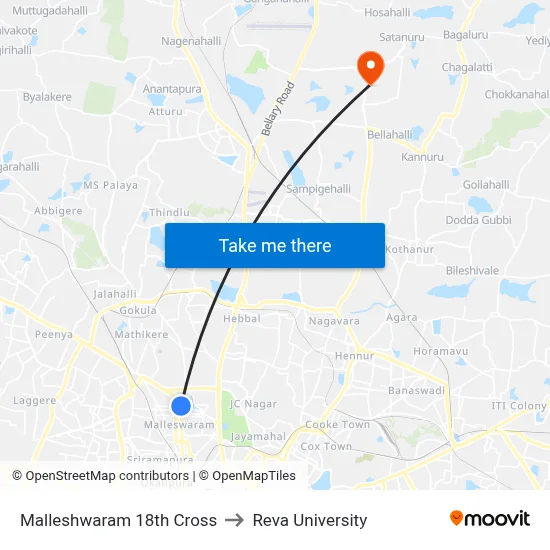 Malleshwaram 18th Cross to Reva University map