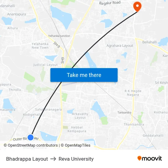 Bhadrappa Layout to Reva University map