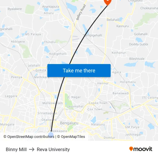 Binny Mill to Reva University map