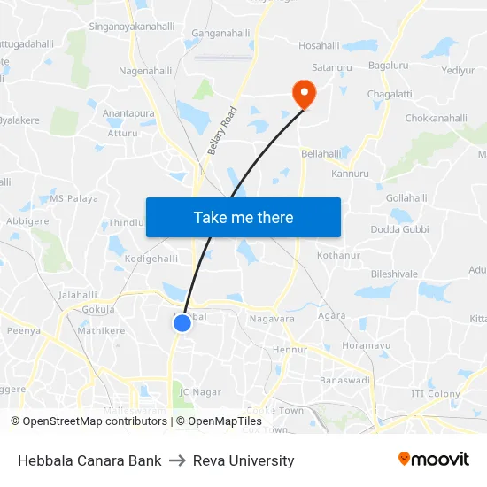 Hebbala Canara Bank to Reva University map