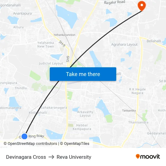 Devinagara Cross to Reva University map
