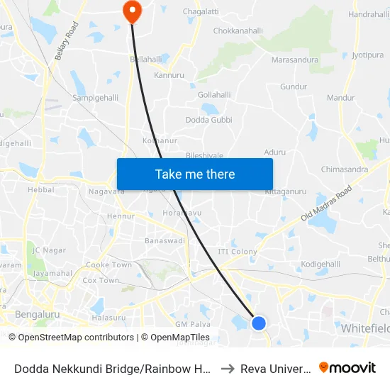 Dodda Nekkundi Bridge/Rainbow Hospital to Reva University map