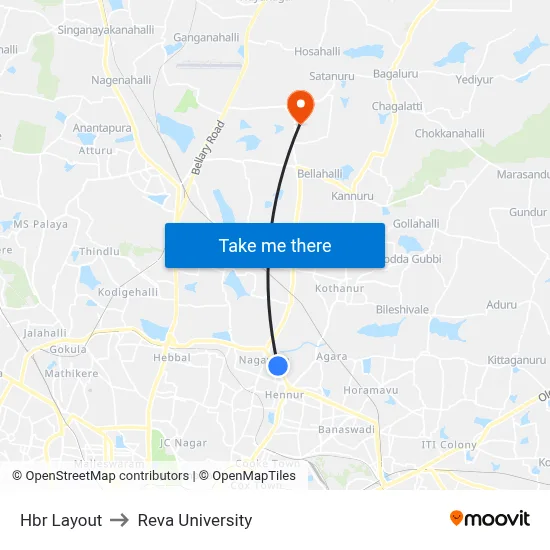 Hbr Layout to Reva University map