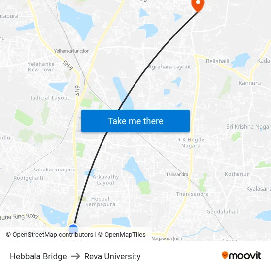 Hebbala Bridge to Reva University map