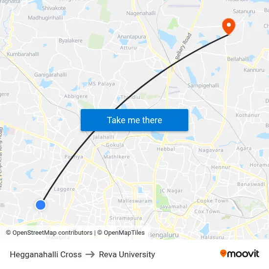 Hegganahalli Cross to Reva University map