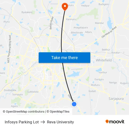 Infosys Parking Lot to Reva University map