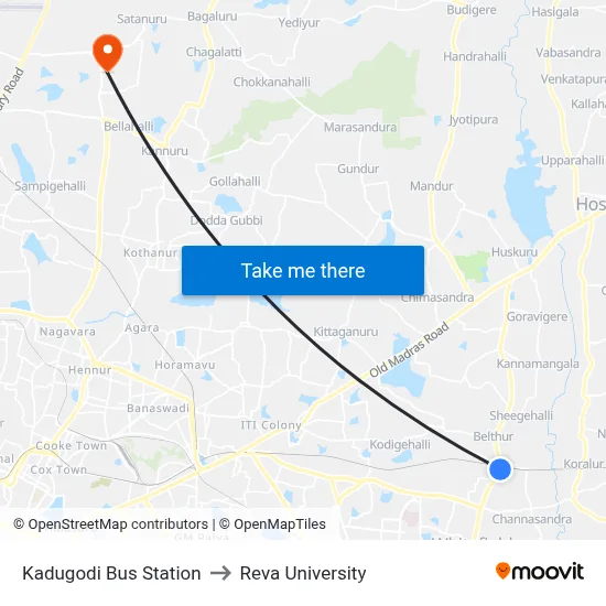 Kadugodi Bus Station to Reva University map