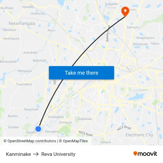 Kanminake to Reva University map