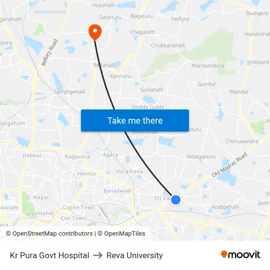 Kr Pura Bus Stand to Reva University map