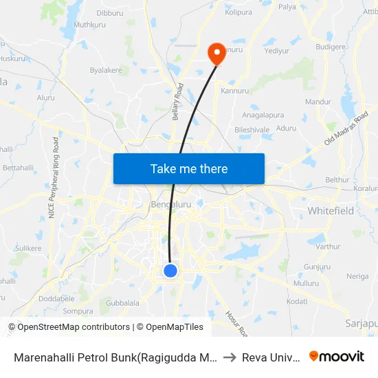 Marenahalli Petrol Bunk(Ragigudda Metro Station) to Reva University map
