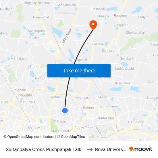 Sultanpalya Cross Pushpanjali Talkies to Reva University map
