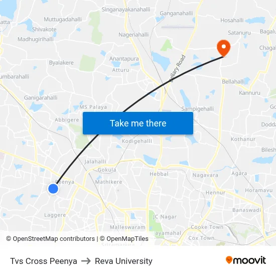Tvs Cross Peenya to Reva University map