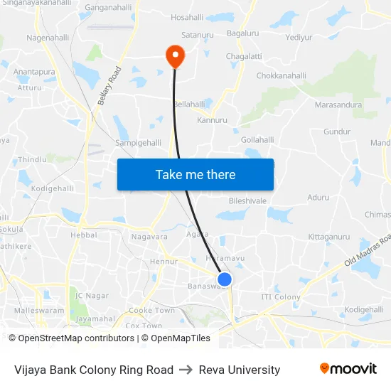 Vijaya Bank Colony Ring Road to Reva University map