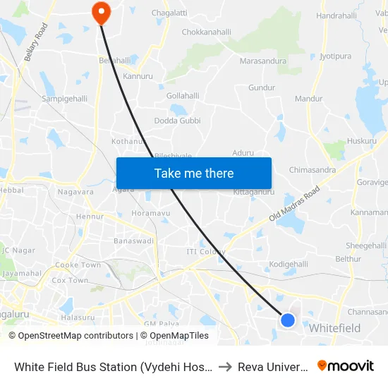 White Field Bus Station (Vydehi Hospital) to Reva University map