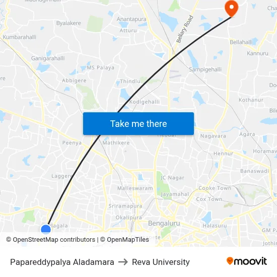 Papareddypalya Aladamara to Reva University map