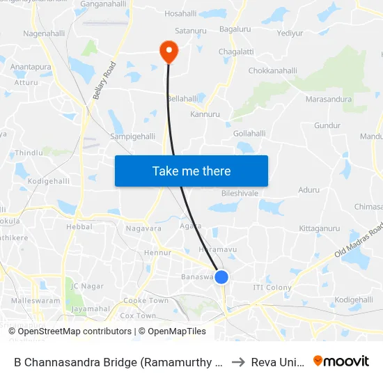 B Channasandra Bridge (Ramamurthy Nagara Ring Road) to Reva University map