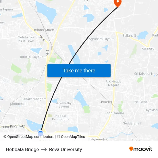 Hebbala Bridge to Reva University map