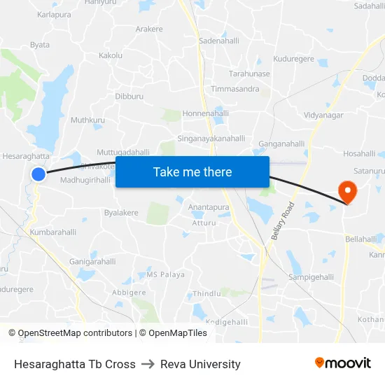 Hesaraghatta Tb Cross to Reva University map