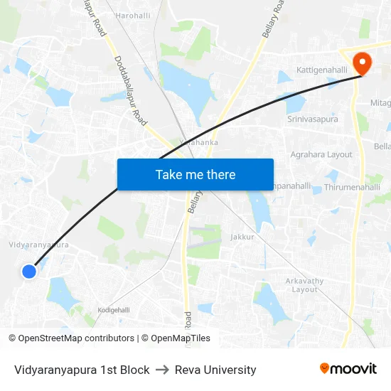 Vidyaranyapura 1st Block to Reva University map