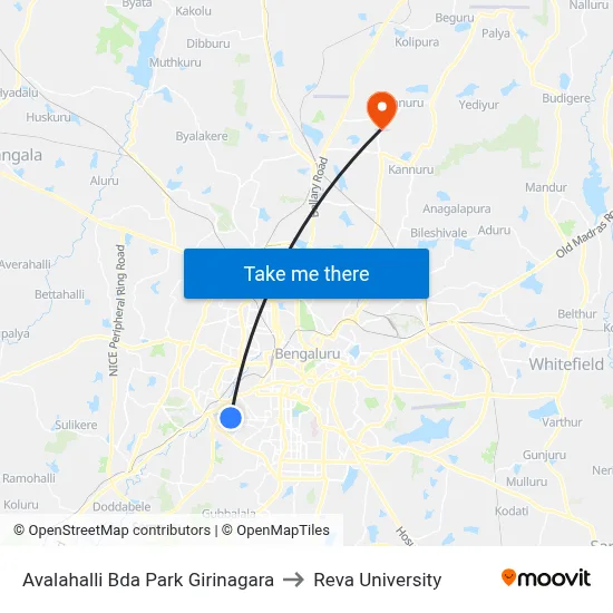 Avalahalli Bda Park Girinagara to Reva University map