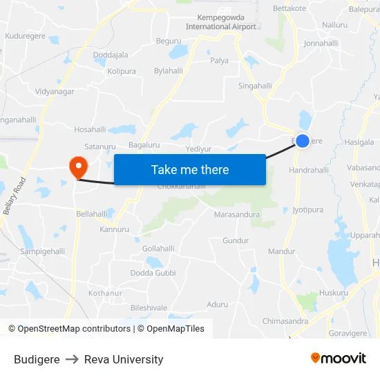 Budigere to Reva University map