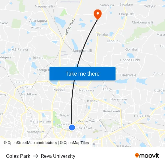 Coles Park to Reva University map