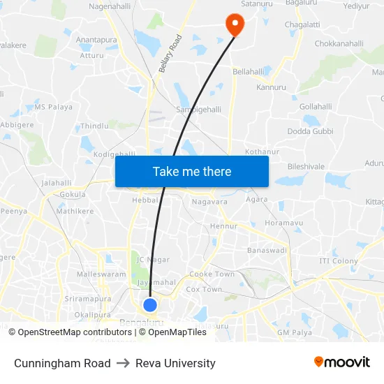 Cunningham Road to Reva University map