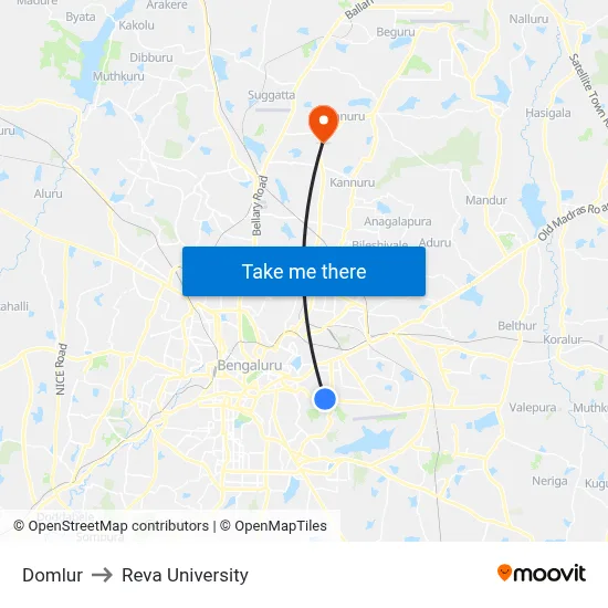 Domlur to Reva University map
