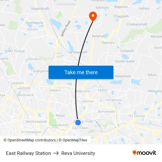 East Railway Station to Reva University map