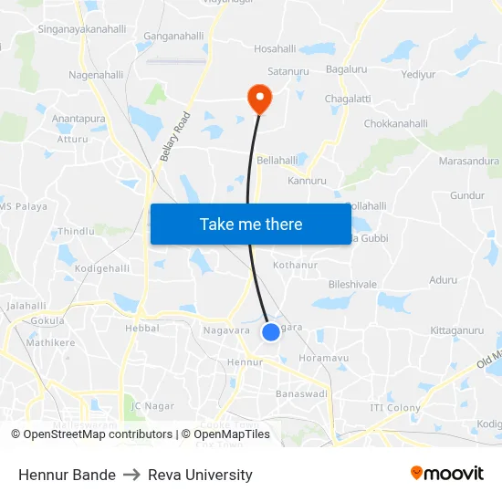 Hennur Bande to Reva University map