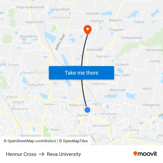 Hennur Cross to Reva University map