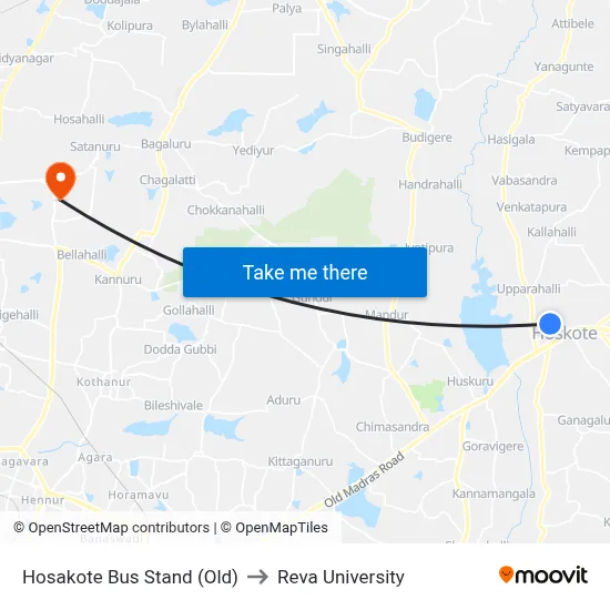 Hosakote Bus Stand (Old) to Reva University map