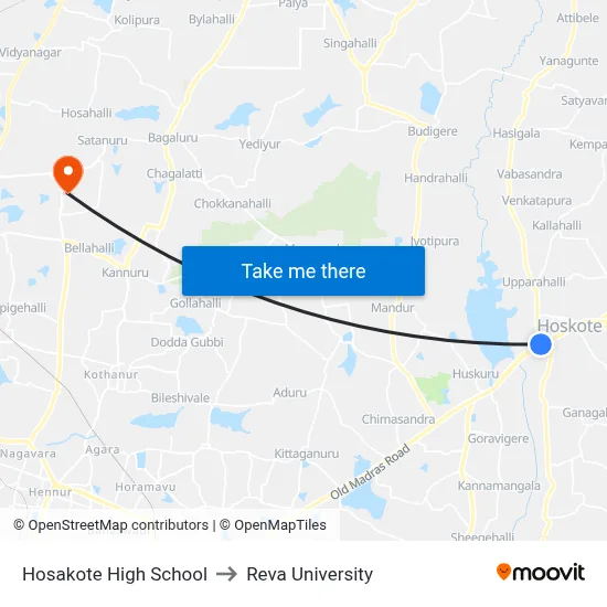 Hosakote High School to Reva University map