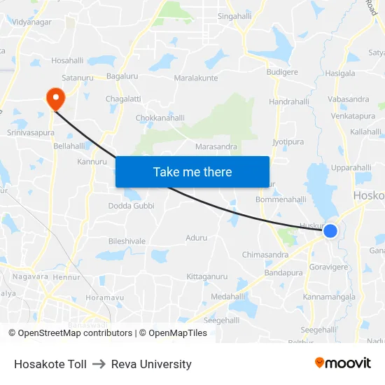 Hosakote Toll to Reva University map