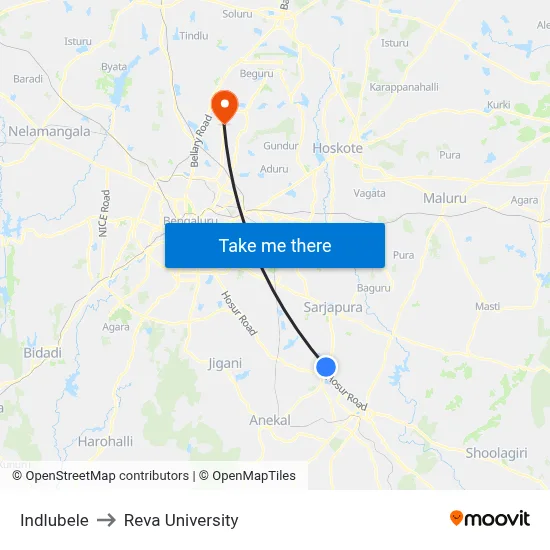 Indlubele to Reva University map