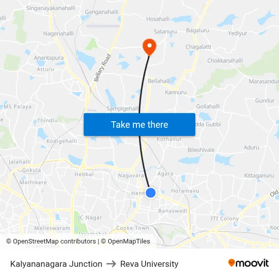 Kalyananagara Junction to Reva University map