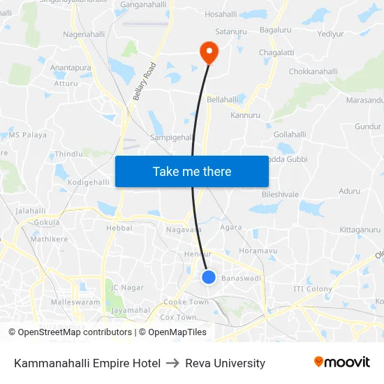 Kammanahalli Empire Hotel to Reva University map