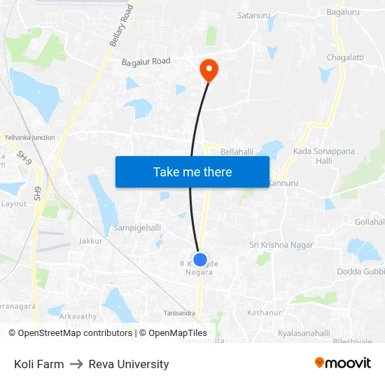 Koli Farm to Reva University map