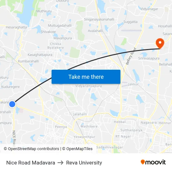Nice Road Madavara to Reva University map