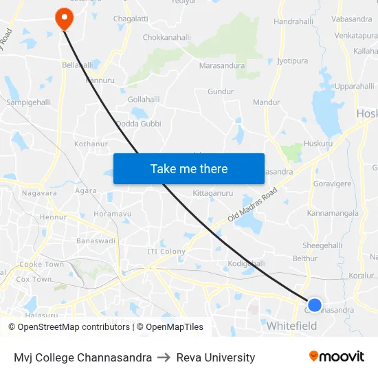 Mvj College Channasandra to Reva University map