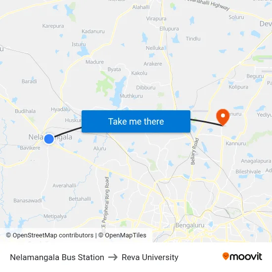 Nelamangala Bus Station to Reva University map